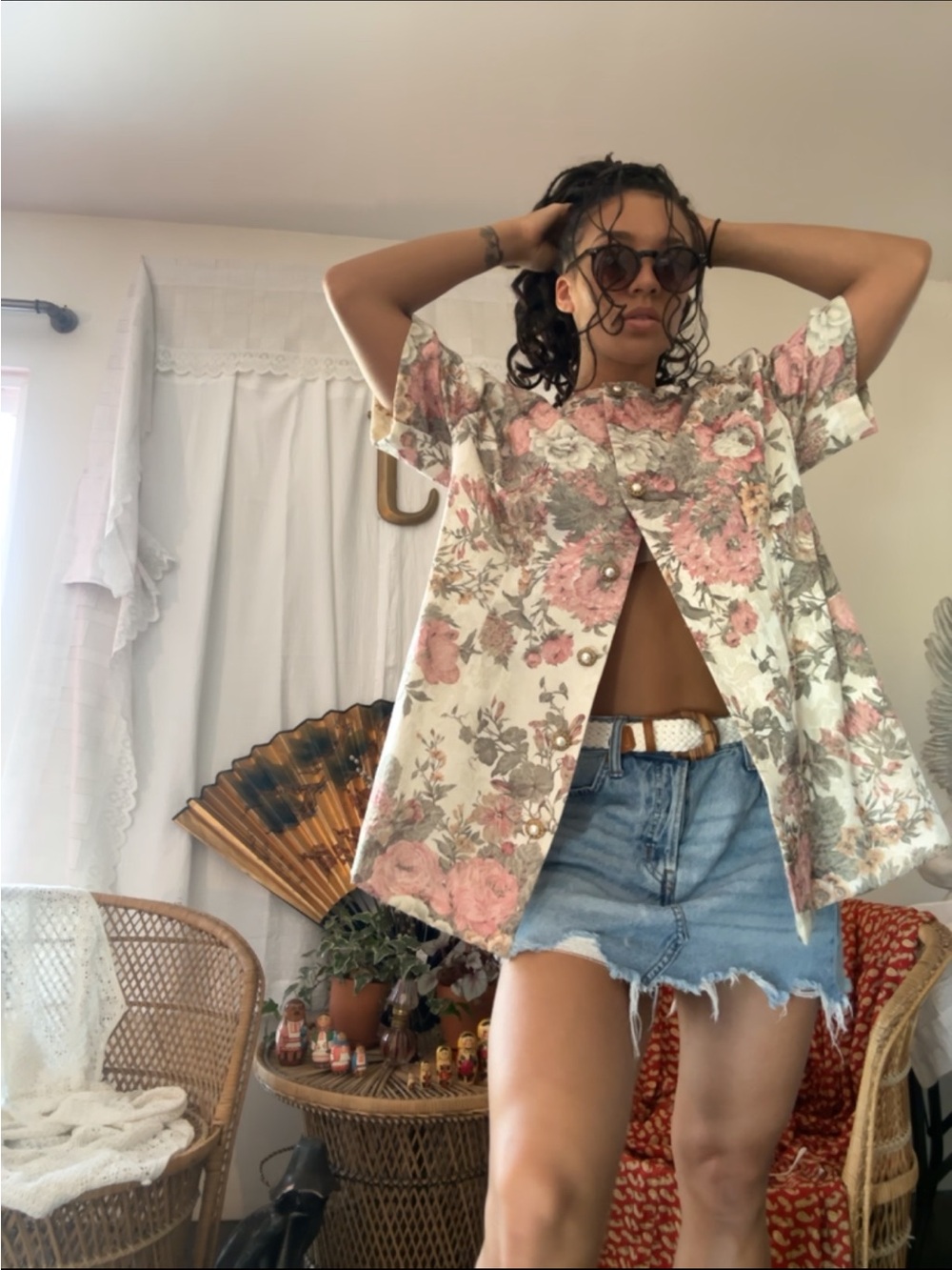 Floral Short-Sleeve Button-Front Shirt - Pink Floral
